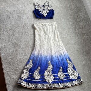 Blue and White Embroidered lehenga skirt and crop top